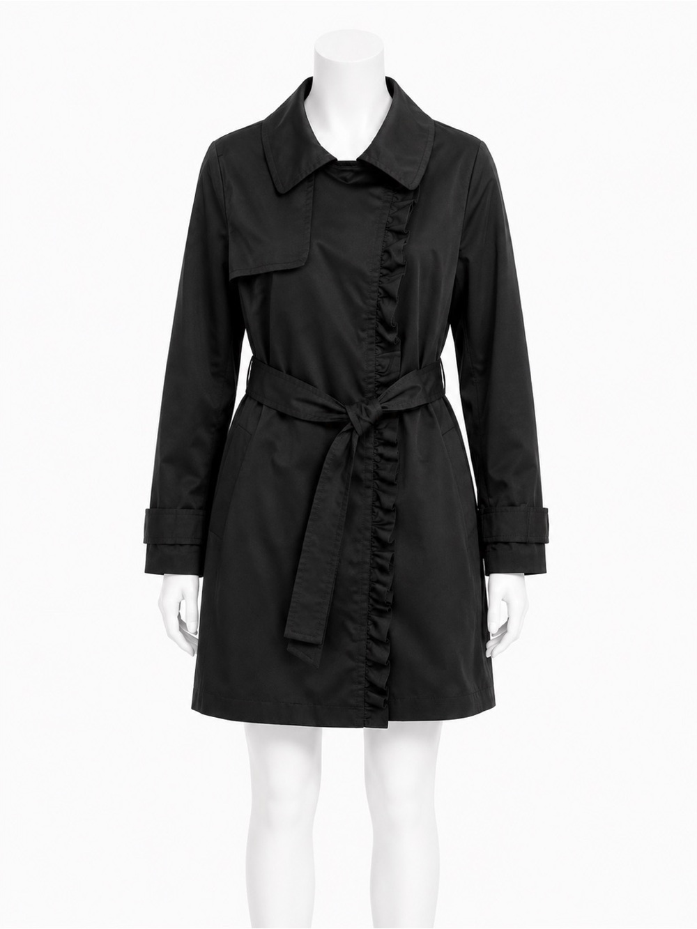 Jessica Simpson Black Ruffle Trim Belted Trench Coat Women’s Large